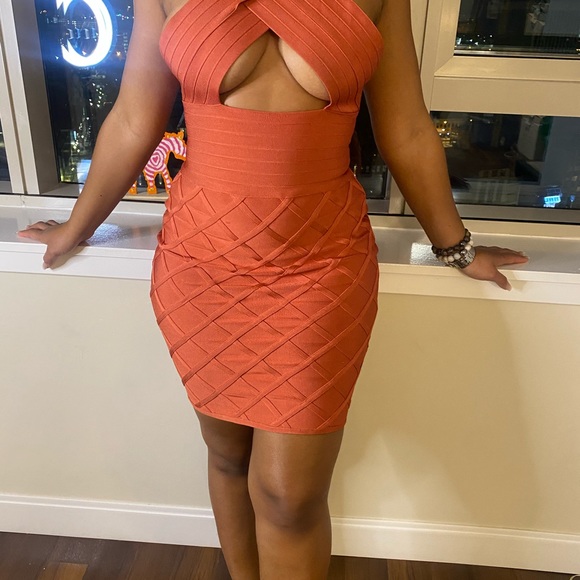 Burnt Orange Cross Neck Bandage Dress - Picture 3 of 11